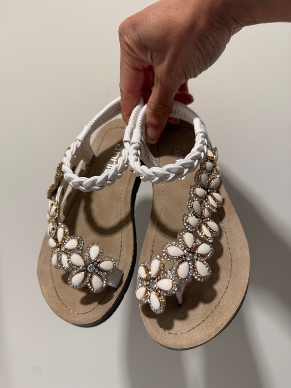 Girls White Jeweled T-Strap Sandals